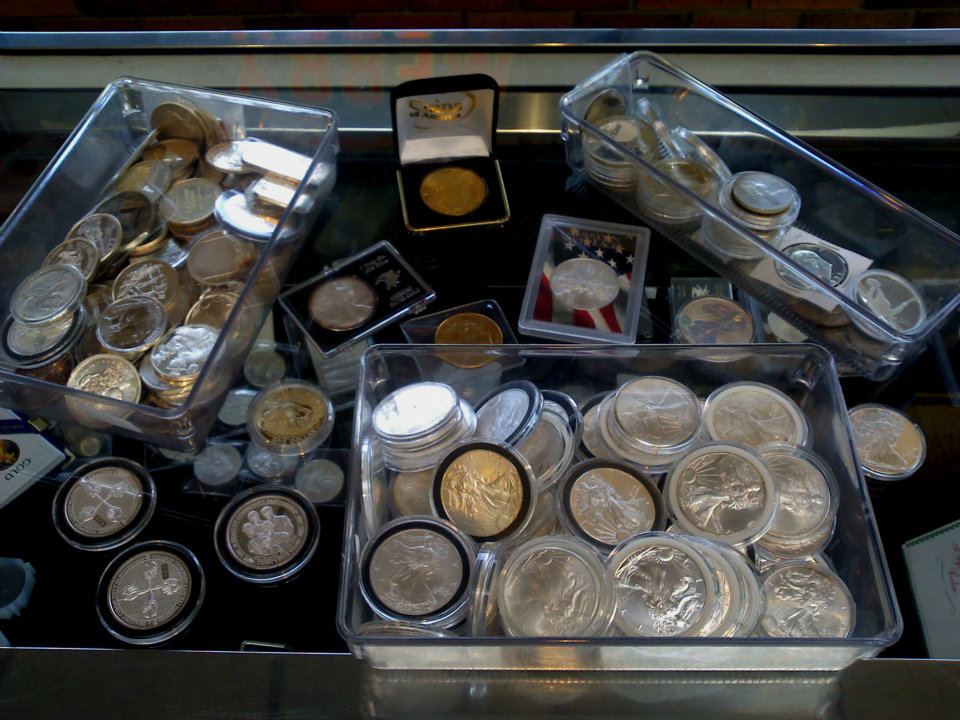 Coins shown in store display showcase